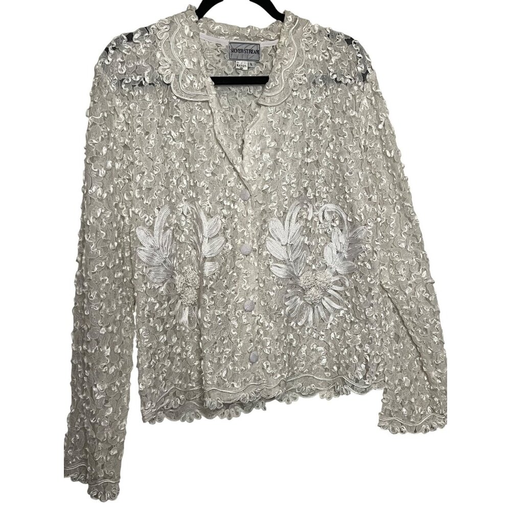 VTG Silver Stream L 3D Floral Lace Embroidered White Mother of the Bride Jacket